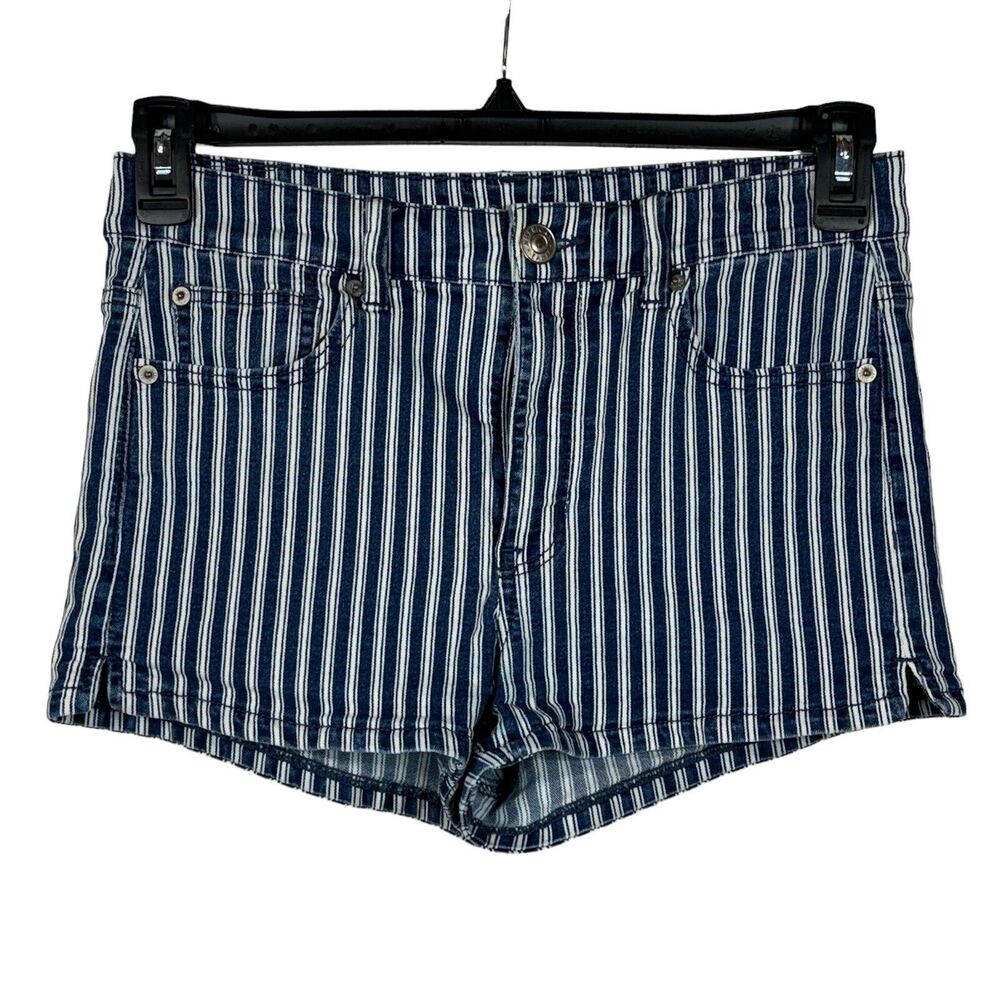 American Eagle SZ 8 Hi-Rise Shortie Jean Shorts Stripe NE(X)T Level Stretch Blue